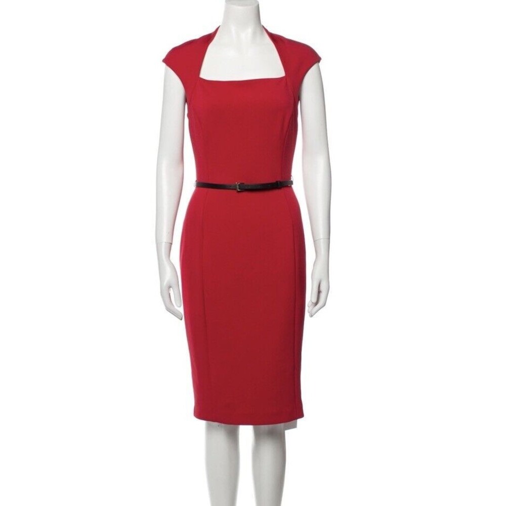 Ted Baker Square Neckline Midi Length Red‎ Dress Belted Size M